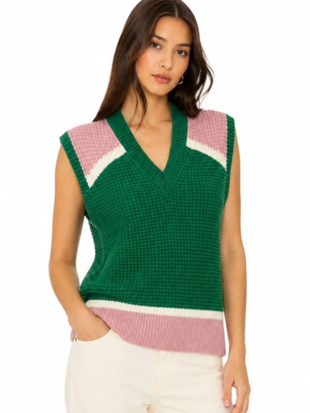 Marni x Uniglo Green Knit V-Neck Sweater Vest w/ Pink & White Trim - Size Small